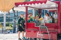 Portugal, Lisbon 29 april 2018: pupils at street buy street food or fresh juice.