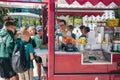 Portugal, Lisbon 29 april 2018: pupils at street buy street food or fresh juice.