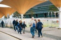 Portugal, Lisbon 29 april 2018: tourists or company of friends or group of people or pedestrians or passersby walk down