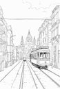 Portugal Lisbon cityscape black and white vector coloring page