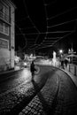 Portugal, Lisbon - January 2020. Streets of the old city of Lisbon at night. Black and white Royalty Free Stock Photo