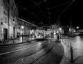 Portugal, Lisbon - January 2020. Streets of the old city of Lisbon at night. Black and white Royalty Free Stock Photo