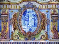 Portugal, Lisbon, Oeiras. Intricate, historical blue ceramic azulejo tile mural.