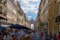 Portugal, Lisbon - 25/10/2018: rua Augusta street with arch and crowd of tourists. Famous shopping street in Lisboa.