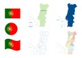 Portugal map. Detailed blue outline and silhouette. Administrative divisions. Districts and autonomous regions. Country flag. Set
