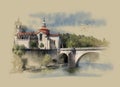 Portugal, the Monastery Of Sao Goncalo in Amarante, watercolor sketch