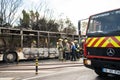 Portugal, Odivelas 07 September 2022 Rescue Team of Firefighters Arrive on the Car Crash fired passenger bus Traffic Accident Royalty Free Stock Photo