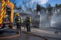 Portugal, Odivelas 07 September 2022 Rescue Team of Firefighters Arrive on the Car Crash fired passenger bus Traffic Accident Royalty Free Stock Photo