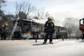 Portugal, Odivelas 07 September 2022 Rescue Team of Firefighters Arrive on the Car Crash fired passenger bus Traffic Accident Royalty Free Stock Photo