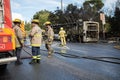 Portugal, Odivelas 07 September 2022 Rescue Team of Firefighters Arrive on the Car Crash fired passenger bus Traffic Accident Royalty Free Stock Photo