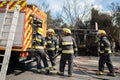 Portugal, Odivelas 07 September 2022 Rescue Team of Firefighters Arrive on the Car Crash fired passenger bus Traffic Accident Royalty Free Stock Photo