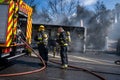 Portugal, Odivelas 07 September 2022 Rescue Team of Firefighters Arrive on the Car Crash fired passenger bus Traffic Royalty Free Stock Photo