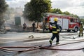 Portugal, Odivelas 07 September 2022 Rescue Team of Firefighters Arrive on the Car Crash fired passenger bus Traffic Royalty Free Stock Photo