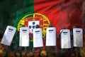 Portugal police swat protecting law against revolt - protest stopping concept, military 3D Illustration on flag background