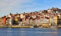 Portugal, Porto old town ribeira aerial promenade view with colorful houses, Douro river and boats.Concept of world travel, Royalty Free Stock Photo