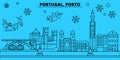 Portugal, Porto winter holidays skyline. Merry Christmas, Happy New Year decorated banner with Santa Claus.Portugal