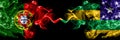 Portugal, Portuguese vs Brazil, Brazilian, Sergipe smoky mystic flags placed side by side. Thick colored silky abstract smoke