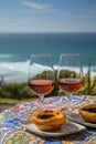 Portugal`s traditional food and drink, glasses of porto wine or muscatel de setubal and sweet dessert Pastel de nata egg custard