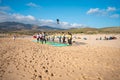 Portugal, Sintra, August 2022 Praia da Guincho Group of surfboard students training to ride waves
