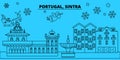 Portugal, Sintra winter holidays skyline. Merry Christmas, Happy New Year decorated banner with Santa Claus.Portugal