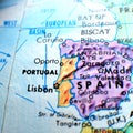 Portugal and Spain focus macro shot on globe map for travel blogs, social media, website banners and backgrounds. Royalty Free Stock Photo