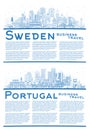Portugal and Sweden. Outline City Skyline Set with Blue Buildings and Copy Space