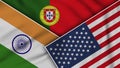 Portugal United States of America India Flags Together Fabric Texture Illustration