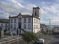 Portugal, VILA FRANCA DO CAMPO, Sao Miguel, Azores, December 28, 2018: Building of Town Hall with clock tower in