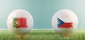 Portugal vs Czechia football match infographic template for Euro 2024 matchday scoreline announcement. Two soccer balls with