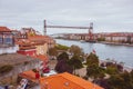 Biscay bridge flying with gondola over river Nervion. Portugalete landmark. Famous bridge called Puente de Vizcaya near Bilbao.