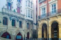 Architectural detail, colorful facades in the old town of Portugalete, Basque Country, Spain