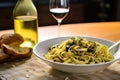 portugals vinho verde near dish of clam linguine Royalty Free Stock Photo