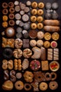 Portugese sweets, flat lay, knolling, top view assorted cookies and traditional desserts, AI generative overhead view