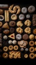 Portugese sweets, flat lay, knolling, top view assorted cookies and traditional desserts, AI generative overhead view