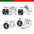 Portuguese alphabet. Monkey, turnips, eggs, pumpkin. The letters and characters.