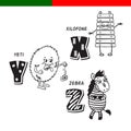 Portuguese alphabet. Xylophone, Yeti, zebra. The letters and characters.