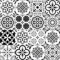 Portuguese Azulejo tile seamless vector pattern, Lisbon geometric and floral black and white retro tiles design collection Royalty Free Stock Photo