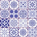 Portuguese Azulejo tile seamless vector pattern, Lisbon navy blue retro tiles design collection Royalty Free Stock Photo