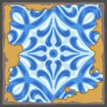 Portuguese azulejo vintage ceramic tile pattern. Old grunge background with chipped enamel tile. Italian pottery or