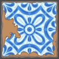 Portuguese azulejo vintage ceramic tile pattern. Old grunge background with chipped enamel tile. Italian pottery or