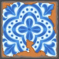 Portuguese azulejo vintage ceramic tile pattern. Old grunge background with chipped enamel tile. Italian pottery or