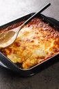 Portuguese Bacalhau Espiritual or Spiritual Cod baked in a bechamel sauce with onions and carrots and melted and crispy cheese