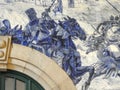 Portuguese blue tiles art (azulejos) at Sao Bento Train Station (EstaÃÂ§ÃÂ£o de Trem Sao Bento). Medieval knight