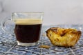 Portuguese custard tart called psatel de nata and espresso coffee