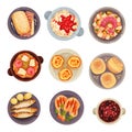 Portuguese Dishes and Desserts with Sardines and Tartlet View from Above Vector Set