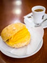 Portuguese Doughnut Or Berliner With Egg Creme And Coffee