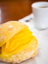 Portuguese Doughnut Or Berliner With Egg Creme And Coffee