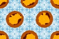 Portuguese egg tarts, custard tarts or pastel de nata seamless pattern background with Portuguese vintage azulejo tiles.