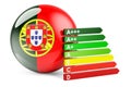 Portuguese flag with energy efficiency rating. Performance certificates in Portugal concept. 3D rendering