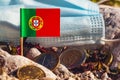 Portuguese flag with euro coins and medical mask in the background,recovery fund,economy and coronavirus crisis concept image Royalty Free Stock Photo